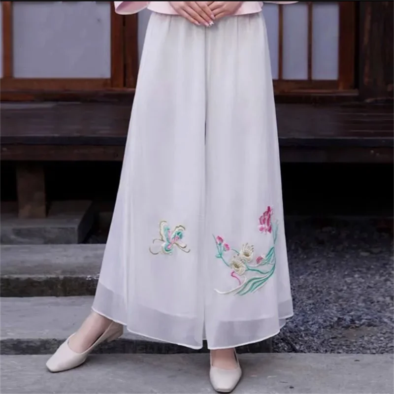 

Literature Retro Wide Leg Pants Women Trouser Double layered Chiffon Embroidered Wide Leg Pants Loose Elastic Waist Pantalon