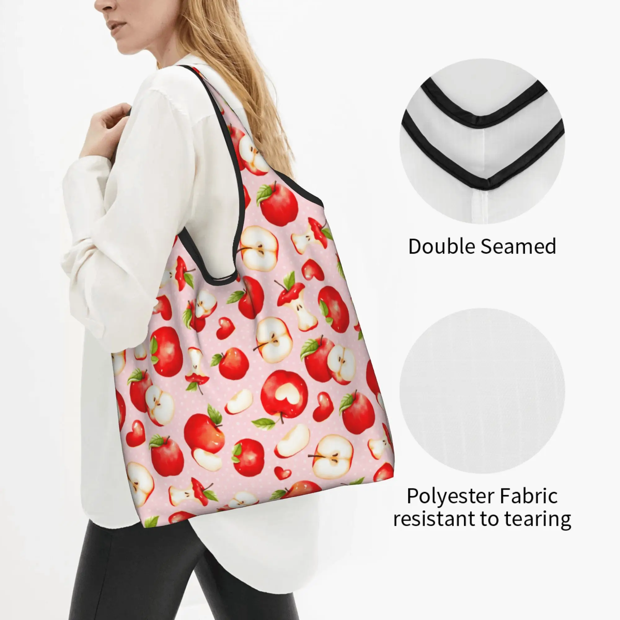 Fashion Red Apple Slices on Pink Shopping Tote Bag Portable  Groceries Shopper Shoulder Bag