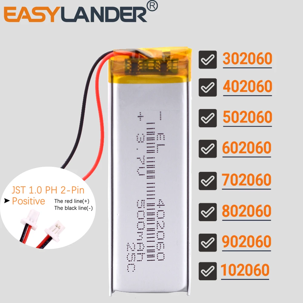 JST1.0mm 2Pin 302060 402060 602060 702060 802060 902060 102060 3.7V 600mAh 502060 502160 502260 Lithium Li Polymer LiPo Battery