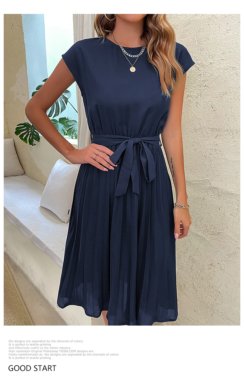 Abiti Midi pieghettati solidi da donna estate Casual o-collo manica corta vestito dalla fasciatura increspato femminile Beach Chic A Line Dress