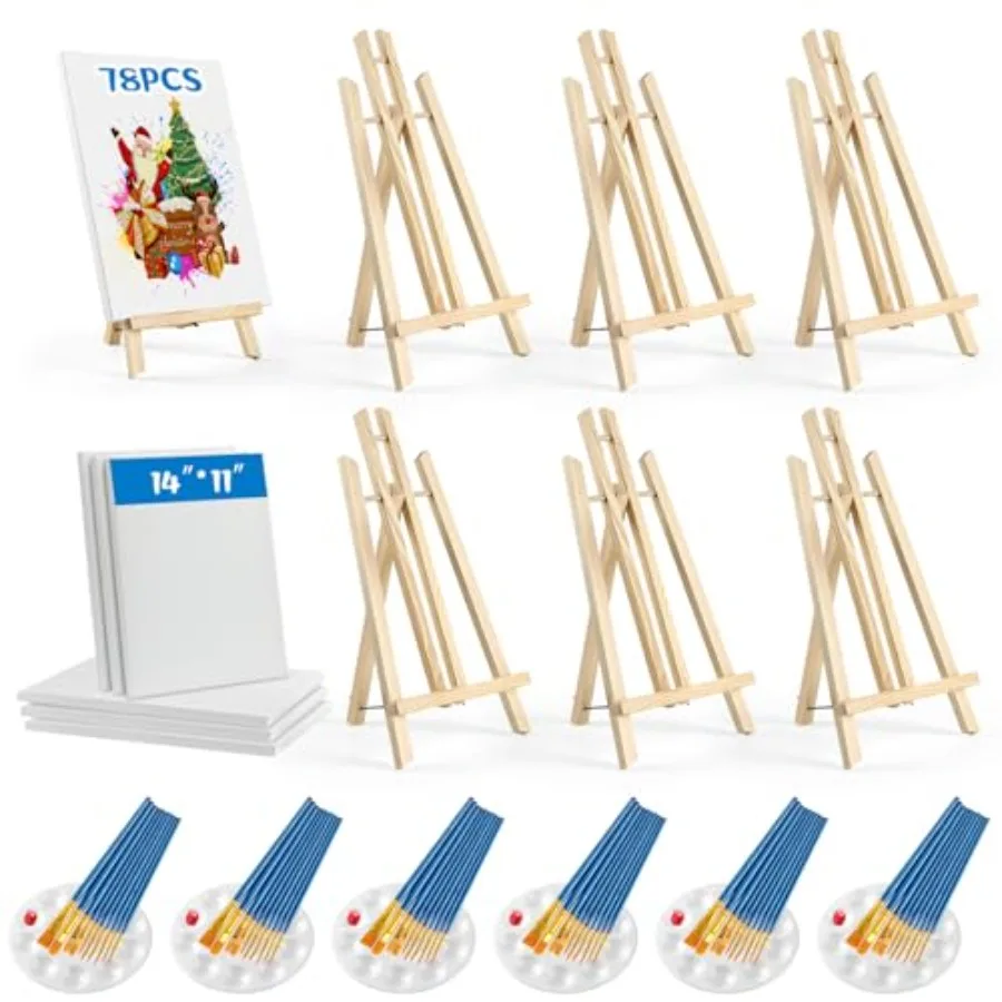 

Набор для рисования из 78 предметов: 6 мольбертов 16 дюймов, холсты на подрамнике 11x14 дюймов, 60 кистей, 6 палитр. Набор красок для вечеринок с рисованием и вечеринок с вином и рисованием.