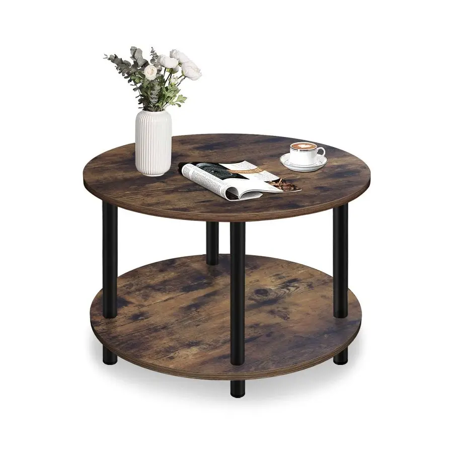 

Round Coffee Table for Small Space, 23.5 2 Tier Rustic Brown Wooden Coffee Table with Open Storage for Living Room Balcony