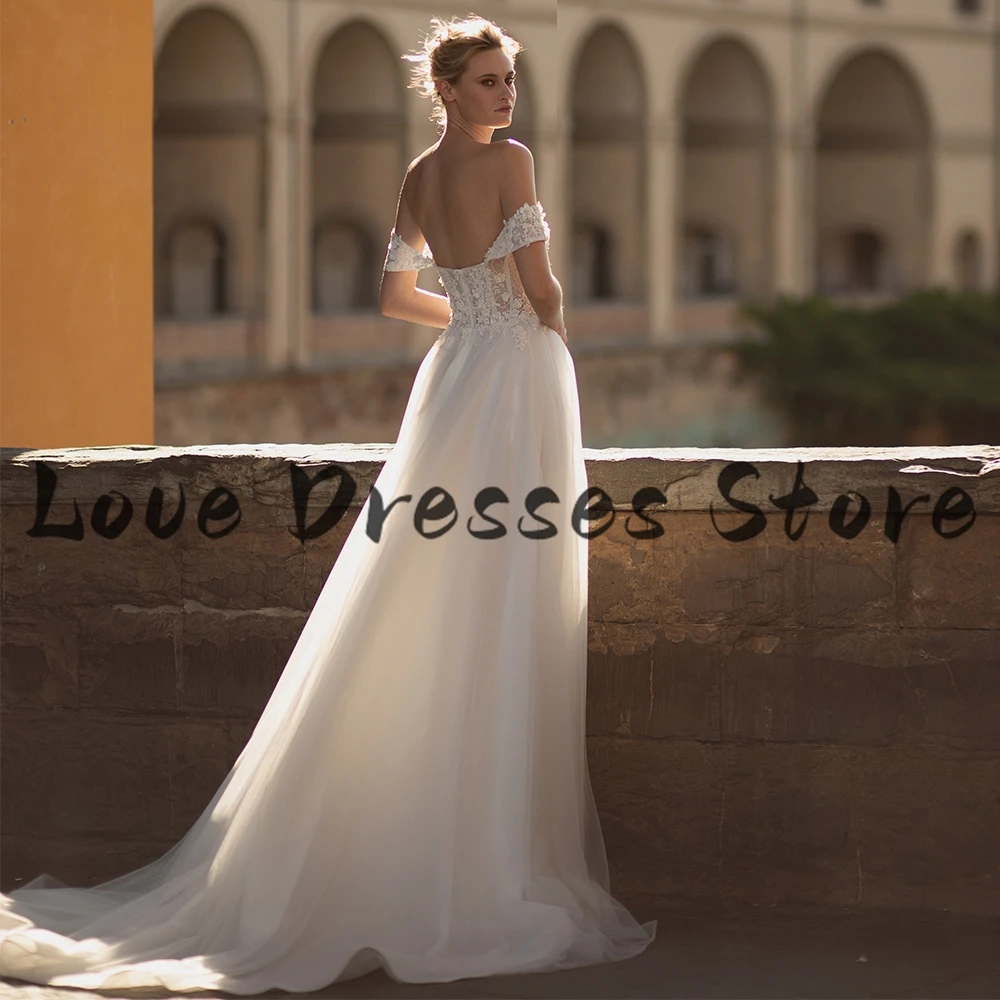 Charming A-Line Off the Shoulder Boho Wedding Dress Ladies Sweetheart Applique Court Train Sexy Backless Bridal  for Bride