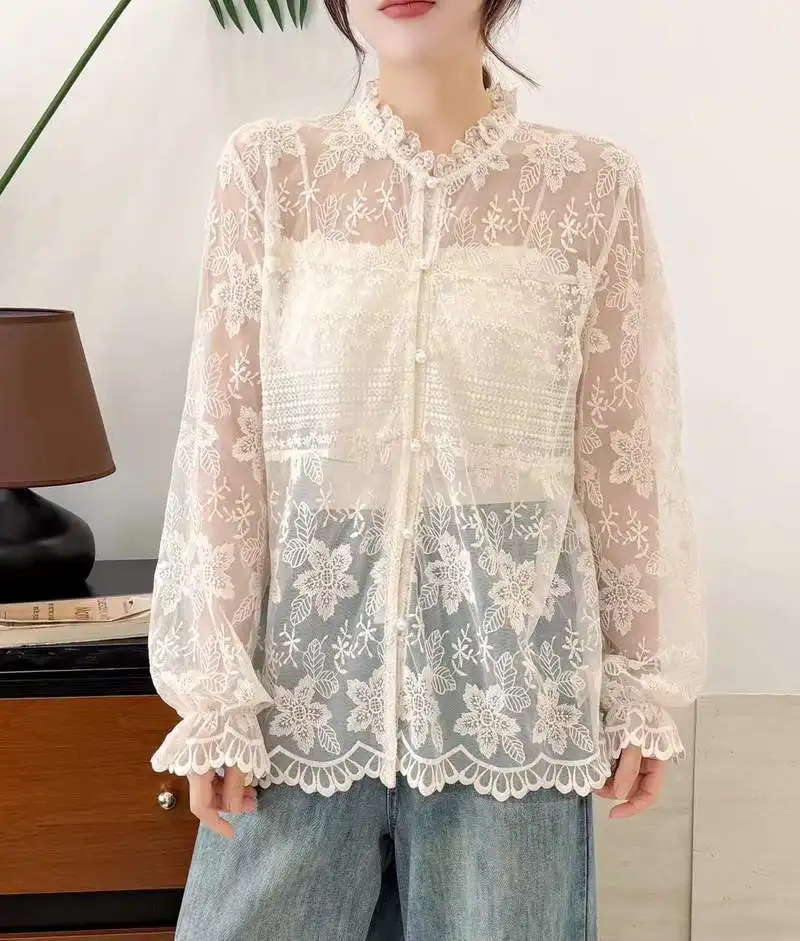 Japanische Süße Mori Mädchen Spitze Stickerei Sheer Perspektive Shirts Frauen Frühling Herbst Stehkragen Langarm Chic INS Bluse
