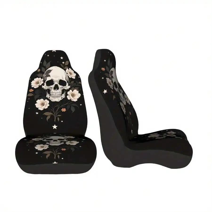 2-Piece Gothic Floral Skull Car Seat Covers Black Full Coverage For Cars Trucks SUVs