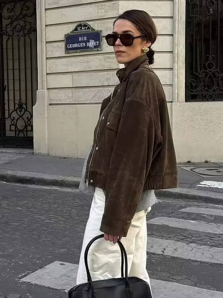 HH المرأة خمر معطف من جلد الغزال الصلبة الياقة المدورة سحاب أكمام طويلة Bomber سترة ملابس خارجية الخريف ملابس الشارع النسائية غير رسمية