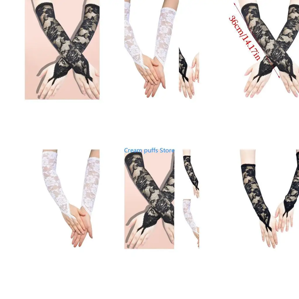 50LE Women Long Lace Flower Gloves Fingerless Gloves Breathable and Comfortable Arm Sleeves for Formal Occasion and Costumes