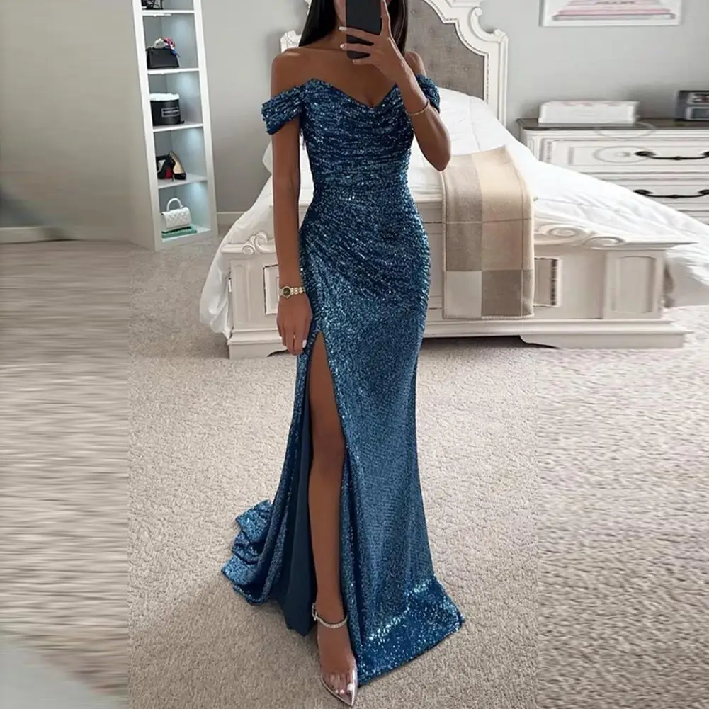 Elegant Gown Dress V-Neck Off Shoulder Maxi Dress Sequin Pleated Waist Tight Evening Party Dress Sexy Split Long Dreses