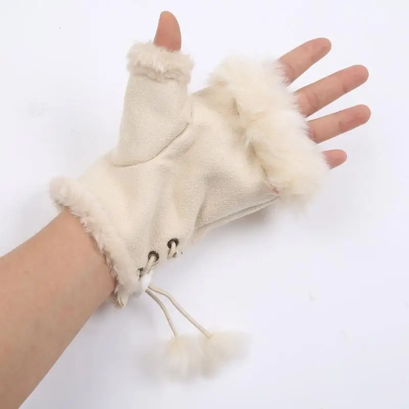 R1WE – gants épais en peluche, demi-doigts, mitaines doublées en polaire, couleur unie, en fausse fourrure lapin, pour sur