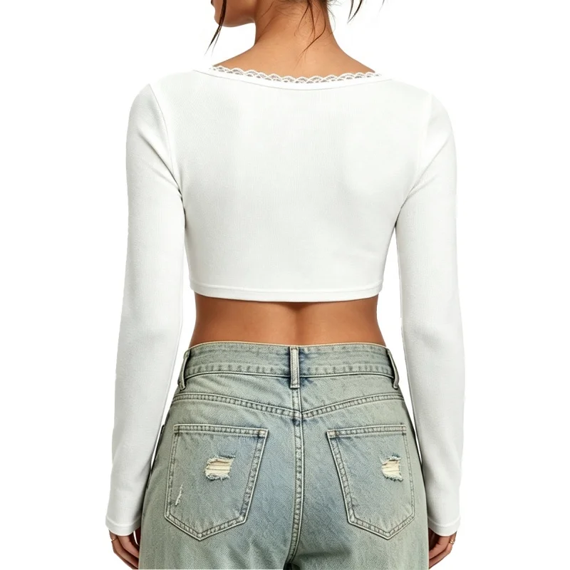 Women y2k Lace Trim Crop Top Long Sleeve V Neck Tie Front Knit T-shirt Y2K Sexy Slim Fit Streetwear Summer Tops