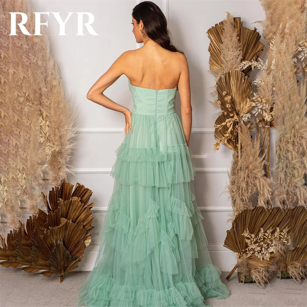 RFYR Green Exquisite Tiered Beach Evening Dresses Sleeveless Tulle Strapless Prom Dress Morden Vestidos De Fiesta Customized