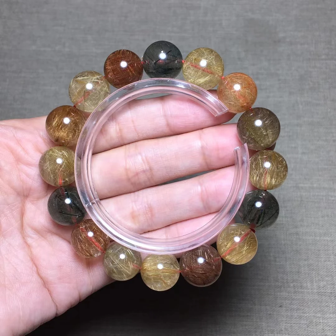 

Natural Colorful Rutilated Quartz Bracelet 13mm Gold Green Rutilated Clear Round Women Bracelet AAAAAA