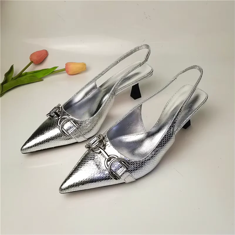 

Meotina Women Slingbacks Sandals Pointed Toe Thin High Heel Fashion Shoes Metal Decoration Ladies Footwear Brand Design Summer