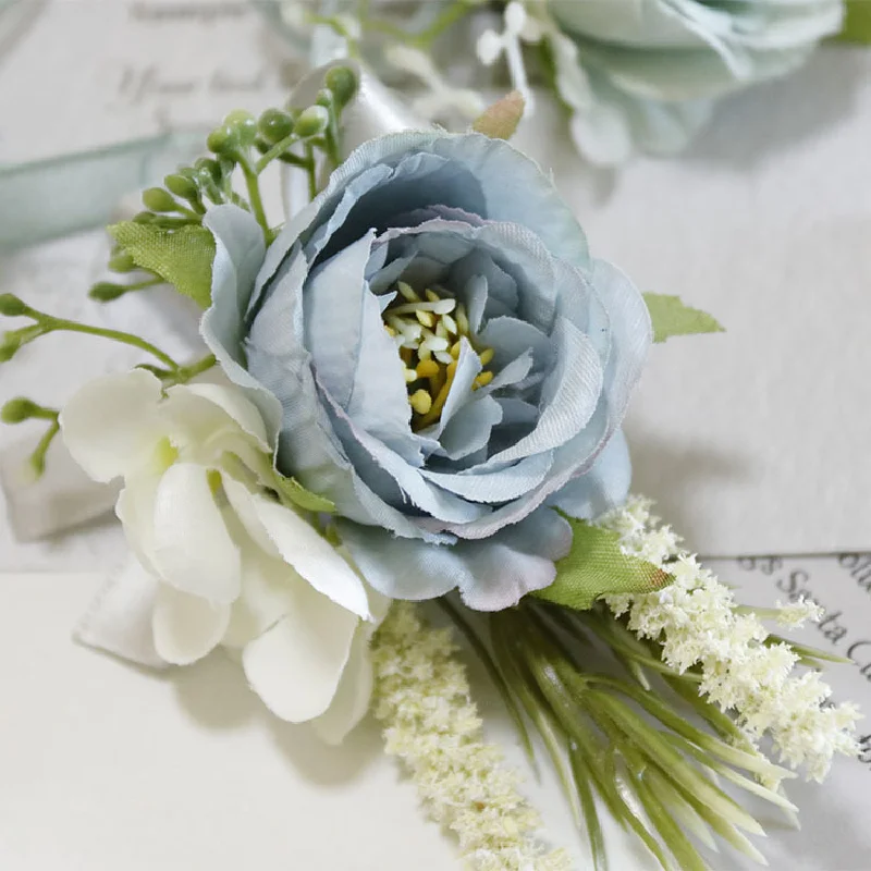 Boutonniere y ramillete de muñeca para Celebración de negocios, suministros de boda, Rosa simulada gris y azul, 287