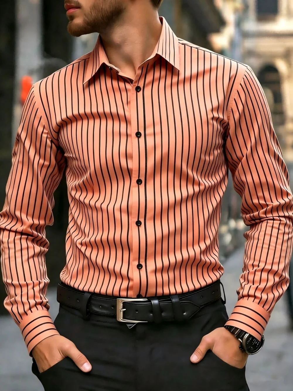 Men's striped button up shirt, long sleeved collared business top, regular striped top, formal, ceremonial dress