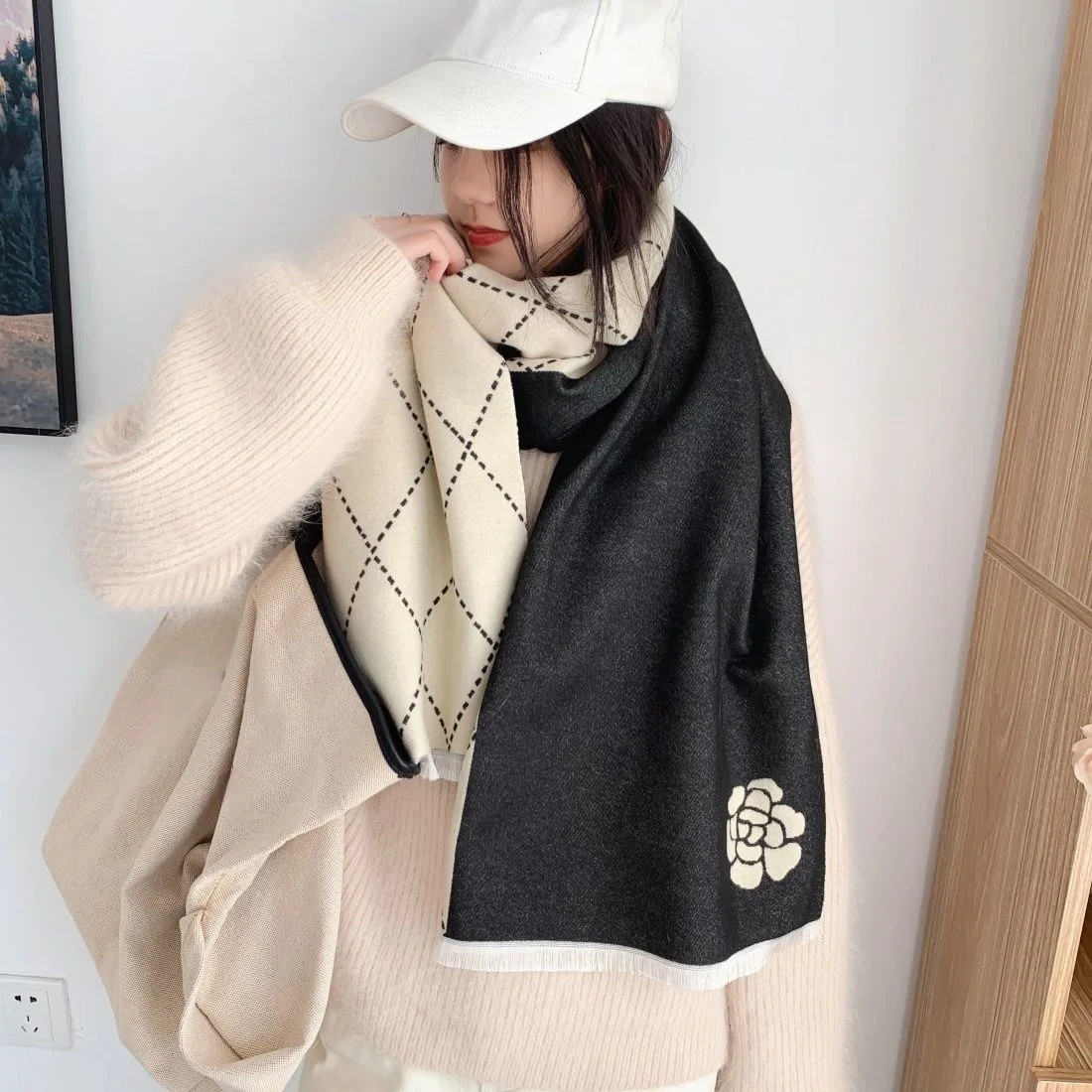 Bufanda Jacquard de Camelia geométrica para mujer, chal de Cachemira de imitación elegante, Pashmina de invierno, bufanda envolvente cálida y versátil
