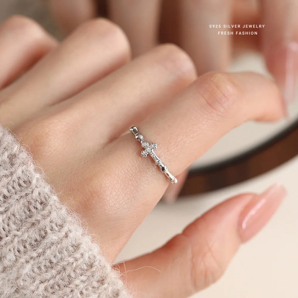 

Роскошное корейское открытое кольцо унисекс из стерлингового серебра 925 пробы с кубическим цирконием и крестом, классическое открытое кольцо, ювелирные изделия