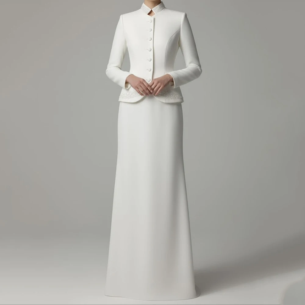 

Customized A-line Evening Dresses Floor-length High-neck Full Sleeve Prom Gown Fsahion Button Sequined Simple Draped Party Gown