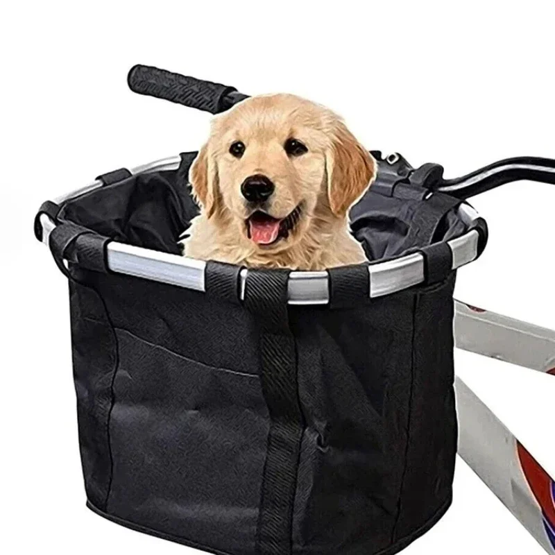 Bicycle Front Basket Bike Small Pet Dog Carry Pouch 2in1 Detachable MTB Cycling Handlebar Tube Hanging Fold Baggage Bag 5KG Load