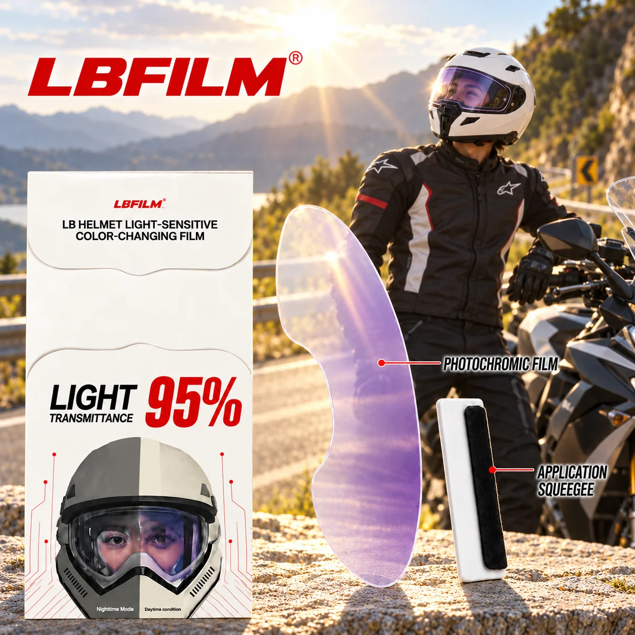 LBFILM Motorcycle Helmet Photochromic Visor Film — UV-Activated Color-Changing (Purple), High-Definition Transparent Protection