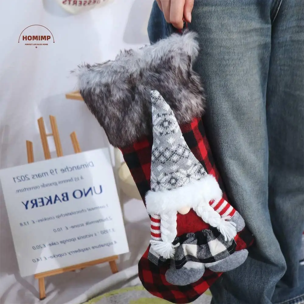 

Large Size Dwarf Christmas Stockings Three-dimensional Doll Furry Gift Bag Long Hat Lattice Pattern Christmas Tree Pendant