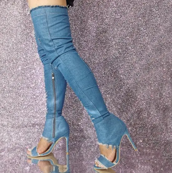 

Синие джинсовые сандалии One Line с полыми вырезами и скрытой молнией на шпильке, тонкие сандалии выше колена, женские модные длинные сапоги до бедра