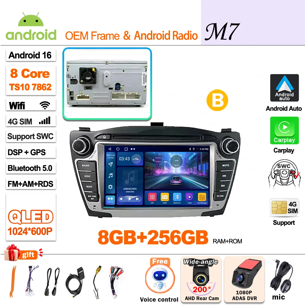 Android 16 Carplay voor Hyundai IX35 Tucson 2 LM 2009 - 2015 autoradio multimediaspeler QLED scherm GPS navigatie WiFi 5G