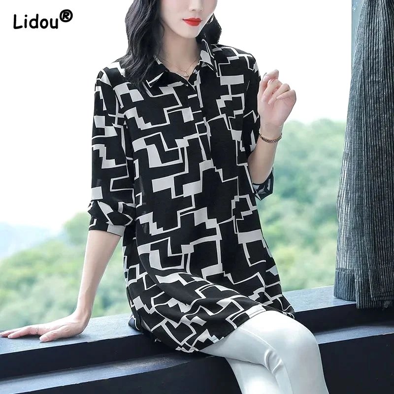 

Spring Summer Long Blouses Printing Lattice Graphic Turn-down Collar Chiffon Women's Clothing 2022 Loose Pullovers Popularity