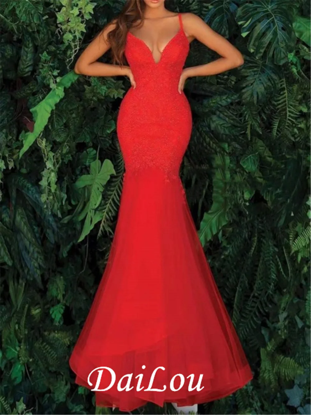 Free Shipping Empire Spaghetti Straps Floor-Length V-Neck Mermaid Sleeveless Evening Dress 2022