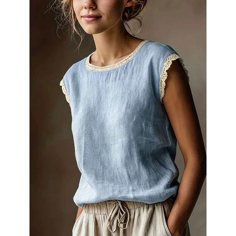 Vintage Style Women's Linen Short-Sleeve Top with Lace Patchwork, Round Neck, Loose Fit,, Summer Breathable Linen-Shirt, YTD