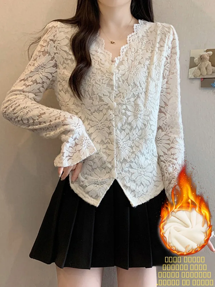 

Сексуальная женская зимняя новая блузка с V-образным вырезом и кружевом, с длинным рукавом, утягивающая, белая, модная, базовый слой, утепленная, прямого кроя.