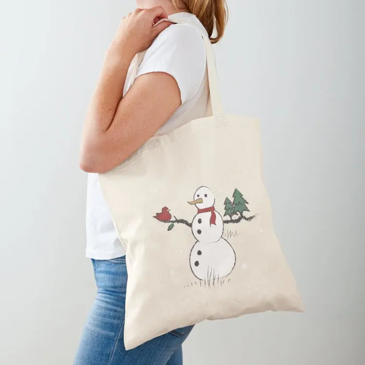 

Snowman Holding Red Bird and Pine Trees Seasonal Holiday Tote Bag Canvas bag for women handbag eco pack cloth bag woman