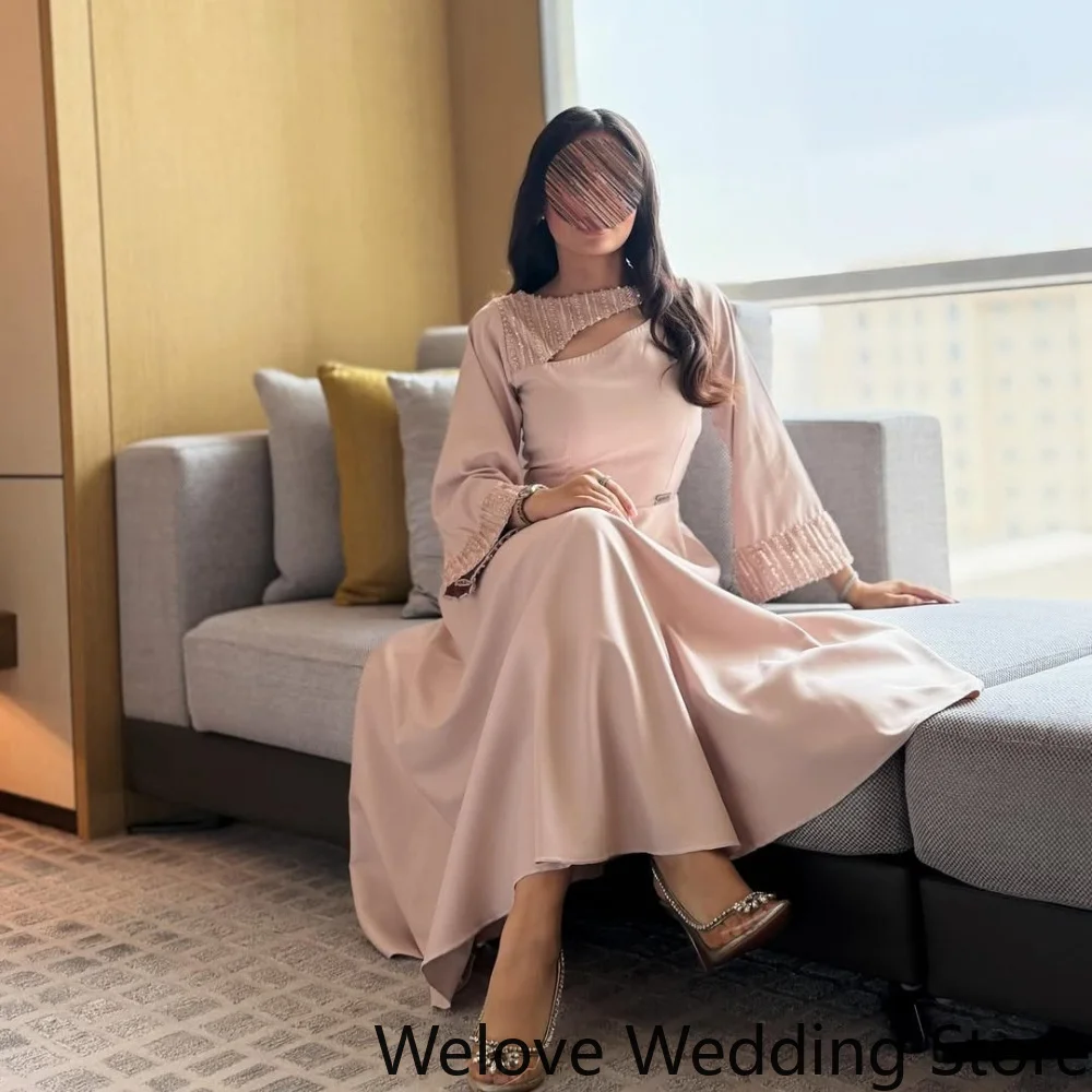 Elegant Blush Pink Modest Casual Maxi Dress Featuring 3/4 Sleeves, Delicate Lace Trim at the Neckline and Cuffs