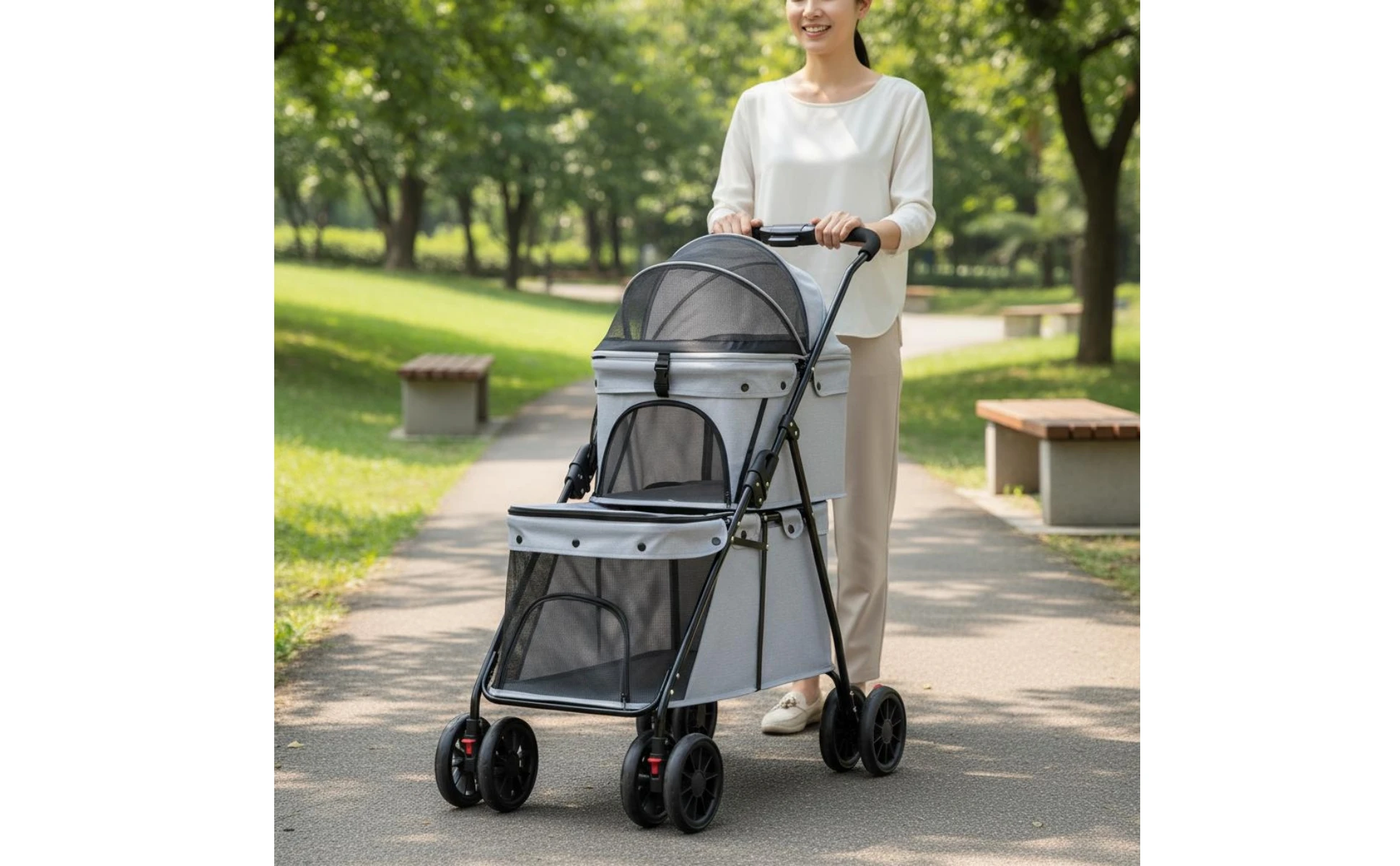 Double Layer Dog Feline Stroller Easy to Fold Double Deck Pet Stroller Large Space for Outdoor, Travel