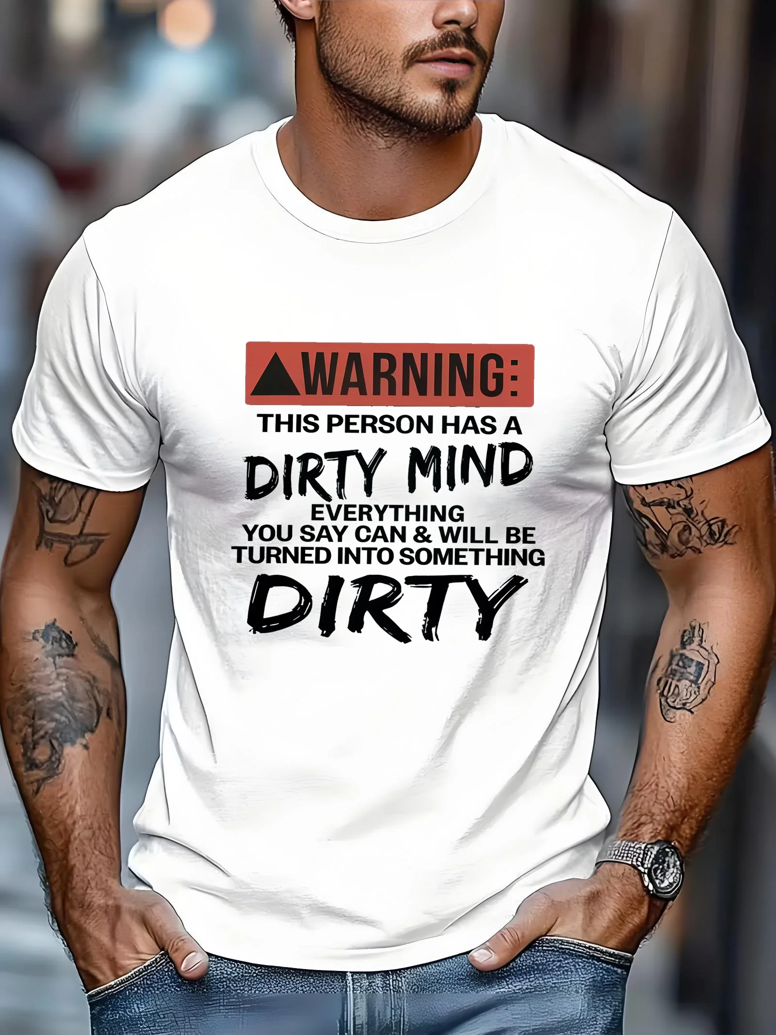 Men's outdoor casual sports T-shirt, men's letter-pattern T-shirt - black with bold white and red warning prints