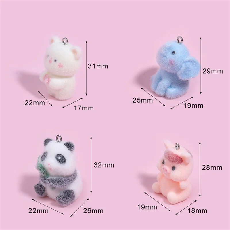 Newest 30pcs/lot Flocking color animals cartoon Elephants, pigs, pandas shape resin dolls beads charms diy jewelry accessory