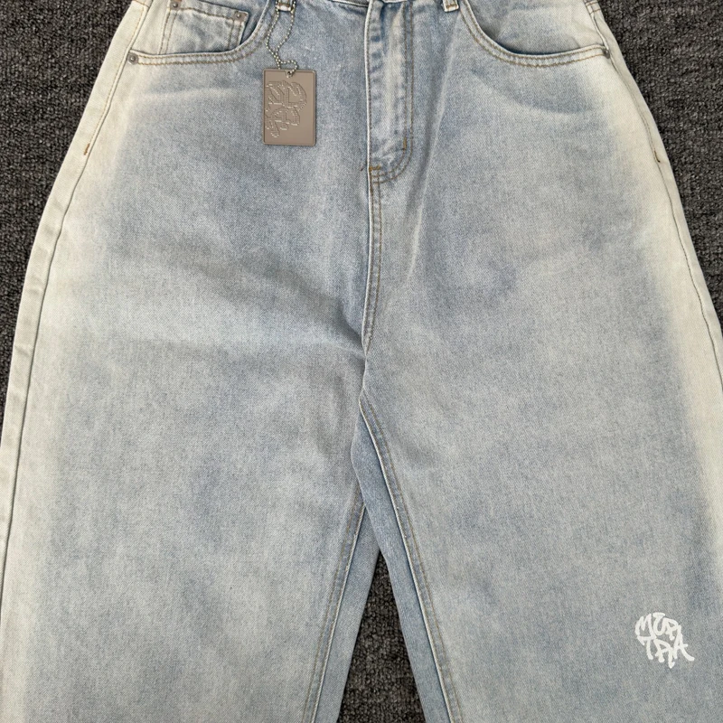 الصورة الحقيقية ميرترا الجينز الضوء الأزرق إلكتروني طباعة مستقيم الساق الجينز شارع العليا الرجال النساء موضة جديدة سراويل جينز الشارع الشهير