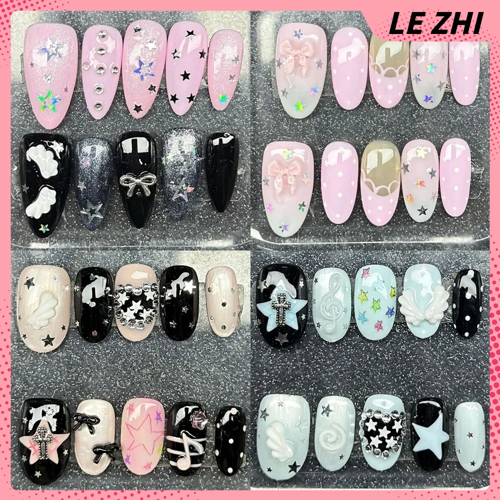 Dulce fresco hecho a mano elipse corta prensa en uñas dibujos animados Rilakkuma estrella brillante diamante Bowknot alas notas musicales uñas postizas