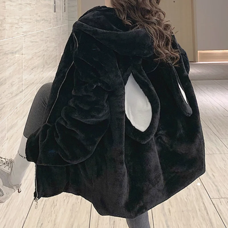 Autumn and Winter Gothic Harajuku Couple Hoodie Cute Rabbit Ears Black Hooded Jacket Ladies Sweet Korean Loose Warm Plush Coat