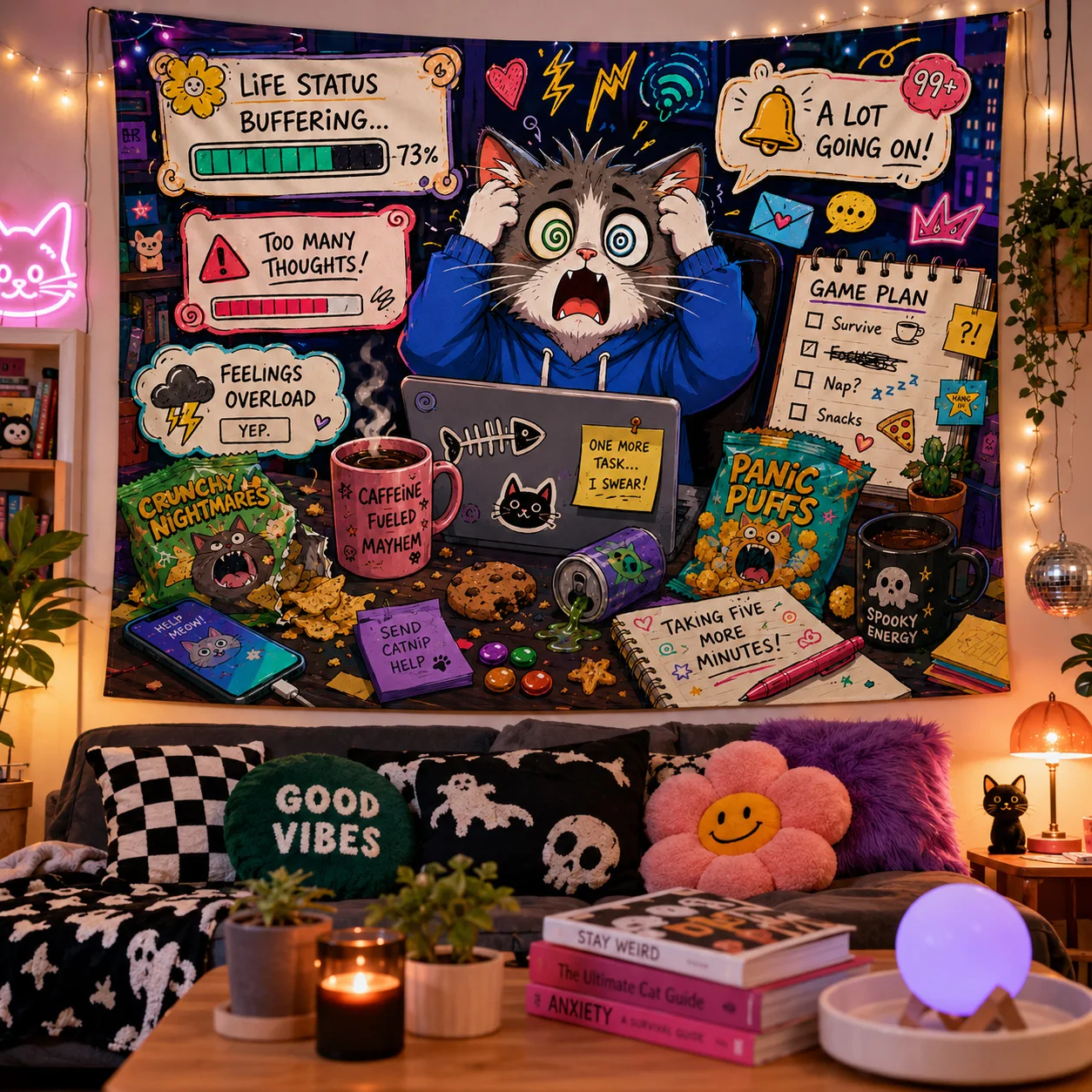 Funny Gamer Cat Tapestry Meme Wall Hanging Kawaii Gaming Room Decor Cartoon Cat Wall Art Teen Bedroom Dorm Decor