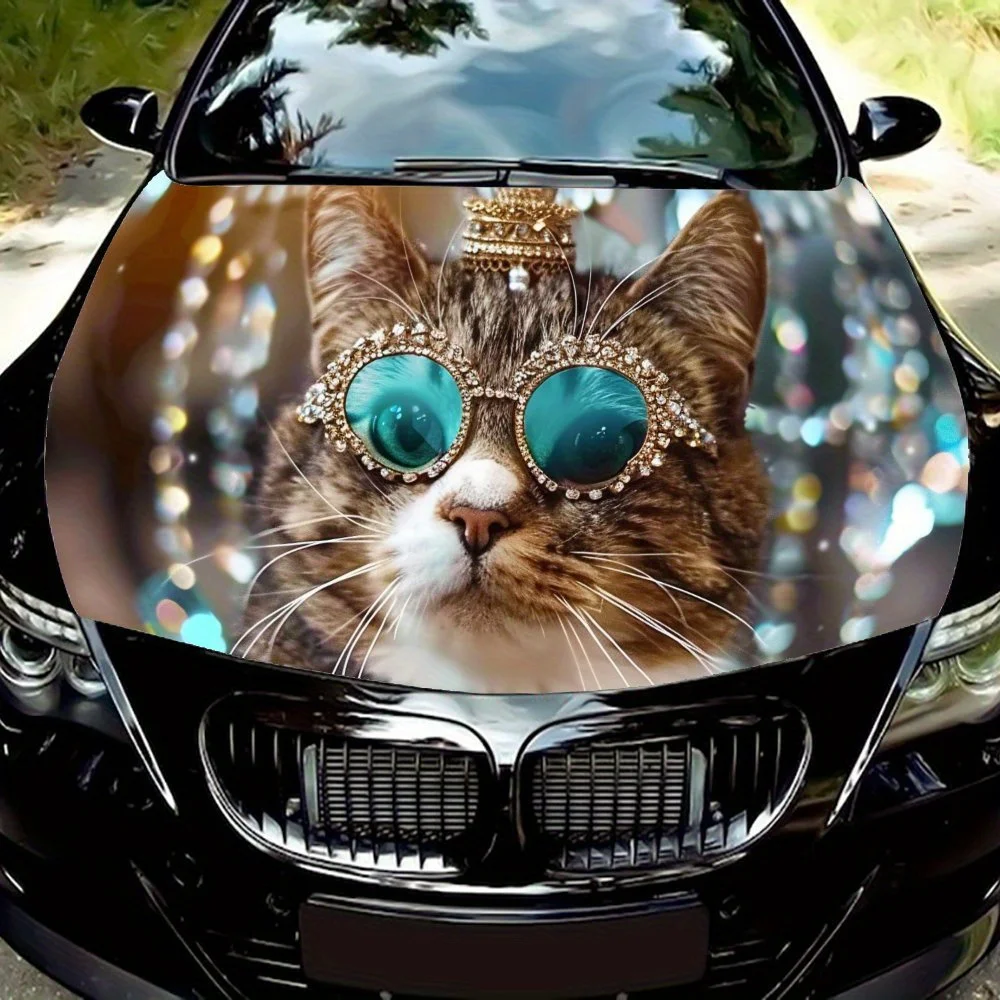 

A Cat Wearing Green Gem Glasses, Gift; Function, Object, Car Hood Decal - Durable Vinyl Sticker, Suitable for Most Vehicles, Vin