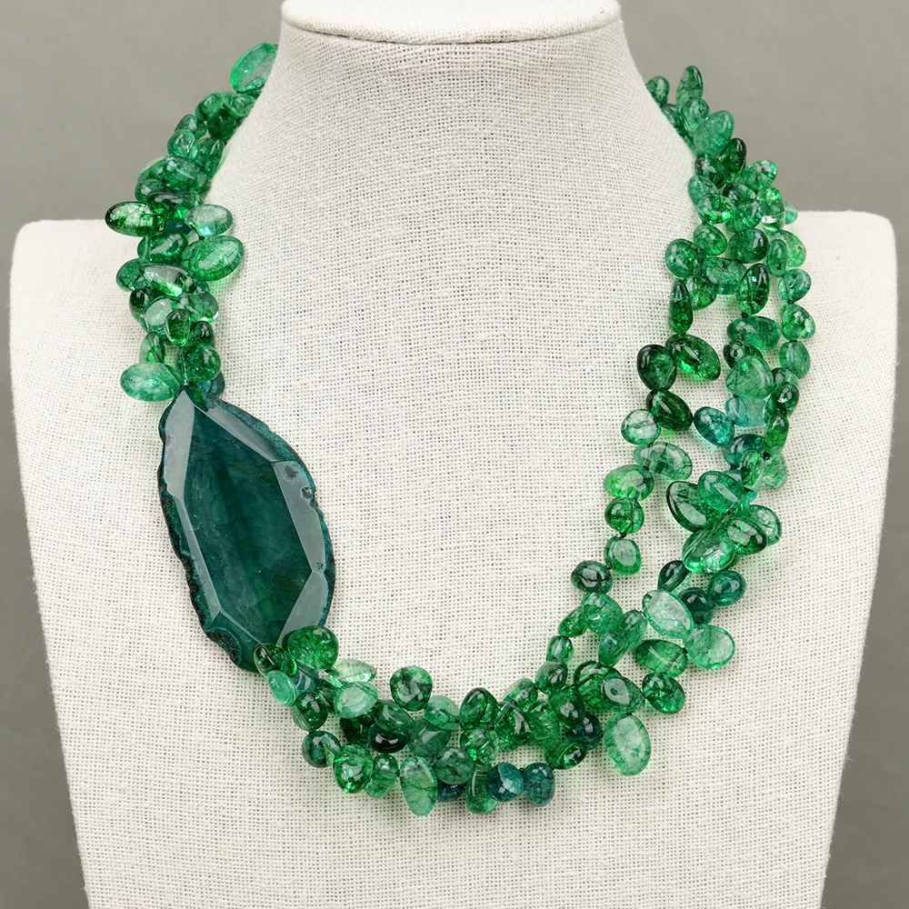 G-G 3 Rows Natural Top-drilled Green Crystal Chocker Necklace Peandant 20\'\' Muti Strands Necklace Handmade Women Gifts