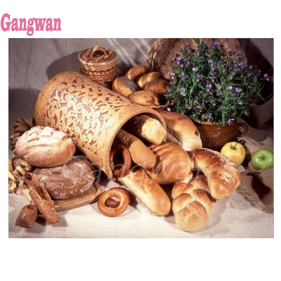 Pintura de diamantes 5d para decoración del hogar, bordado de pan, mosaico de punto de cruz, comida deliciosa, taladro completo, Cuadrado y Redondo