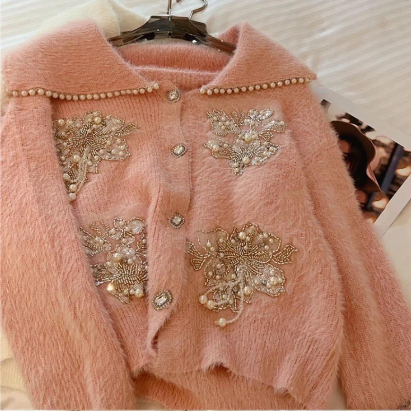 Luxury Women Doll Collar Mink Cashmere Rhinestones Sweater Coat Mohair Pearls Beaded Knitted Cardigan Velvet Diamonds Plush Tops