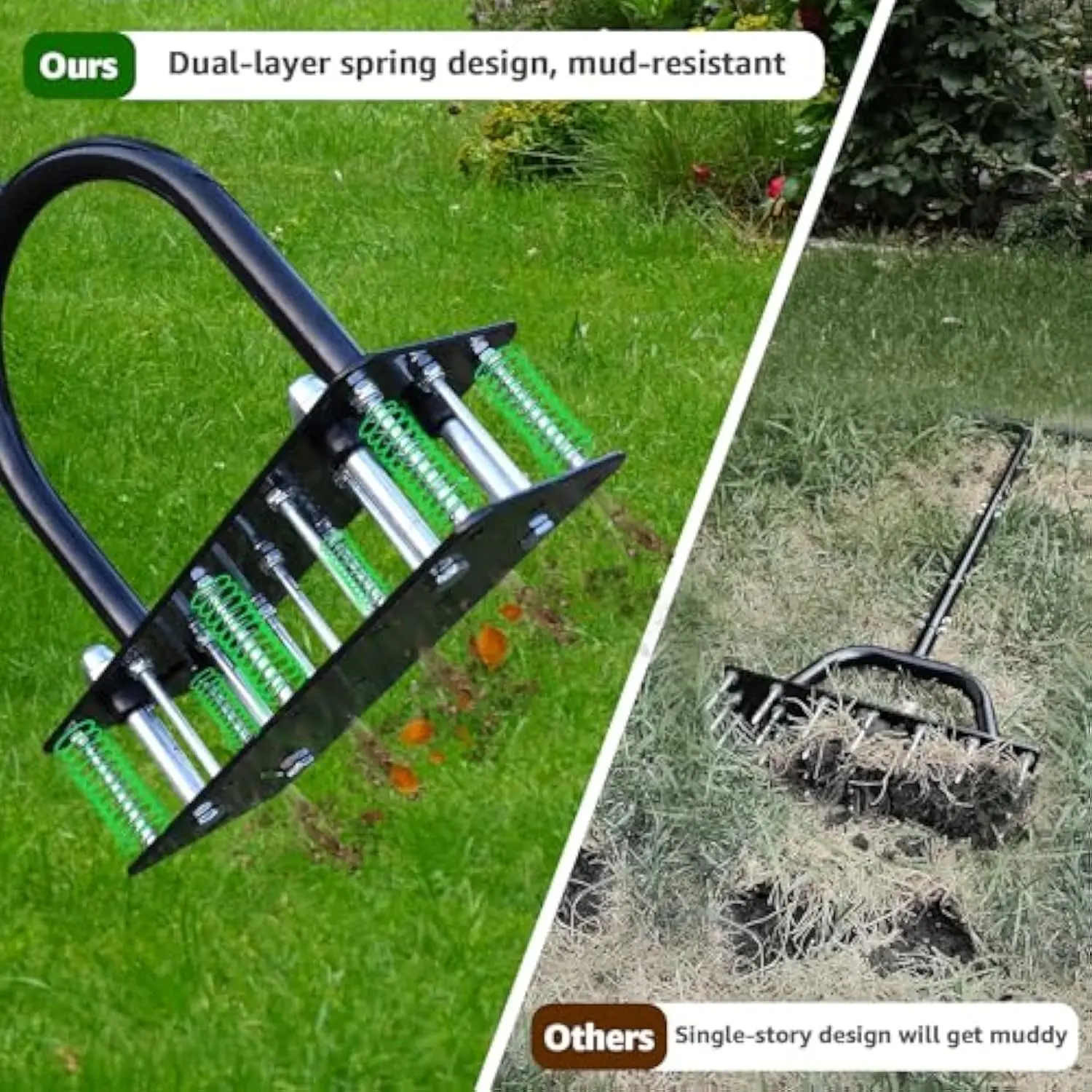 Heavy Duty Lawn Aerator Tool 15 Iron Spikes Adjustable Height Grass Aerator for Yard Garden Soil Loosening Renovation Self-Cleaning Metal Spring Design Deep Permeation Revives Lawn Health Gardening Equipment