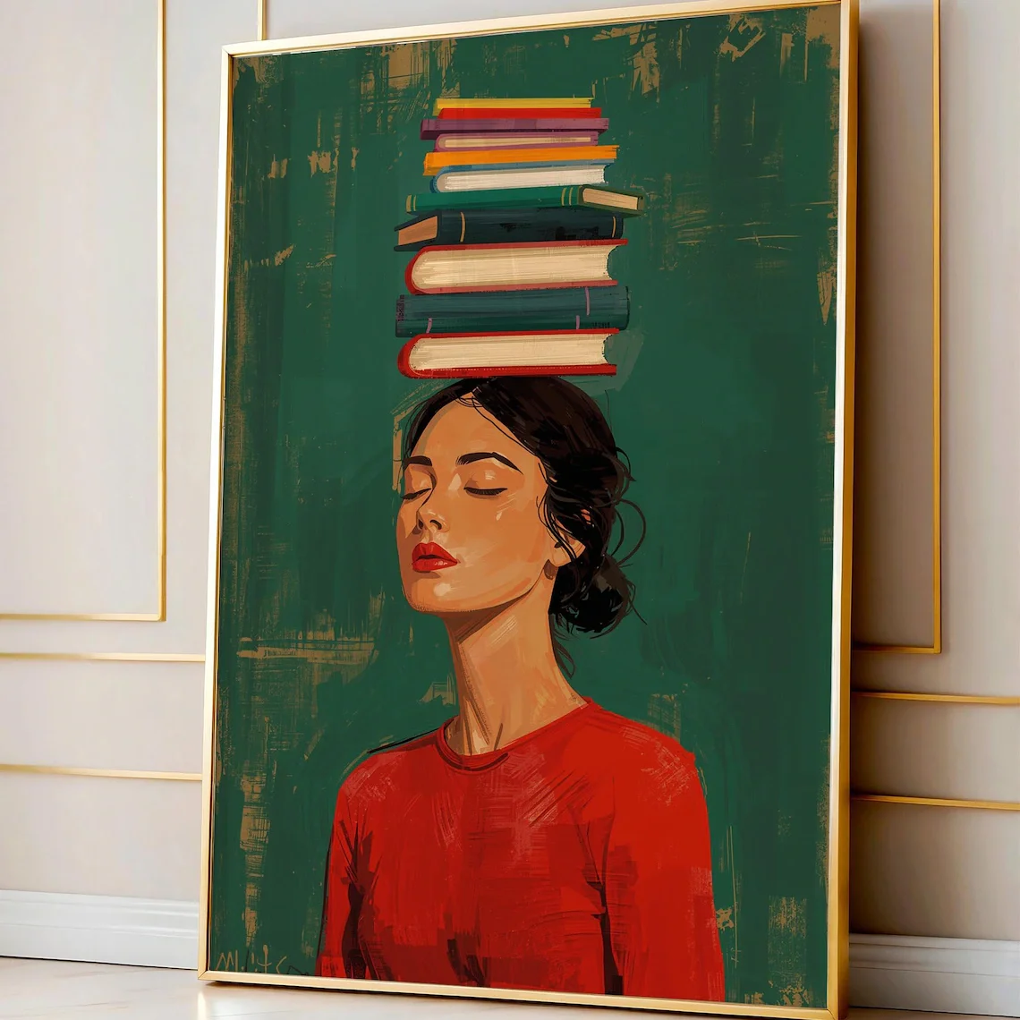 Cuadro Decorativo de Pared con Diseño de Libros Apilados - Pintura Artística al Óleo de una Mujer en Rojo con una Pila de Libros