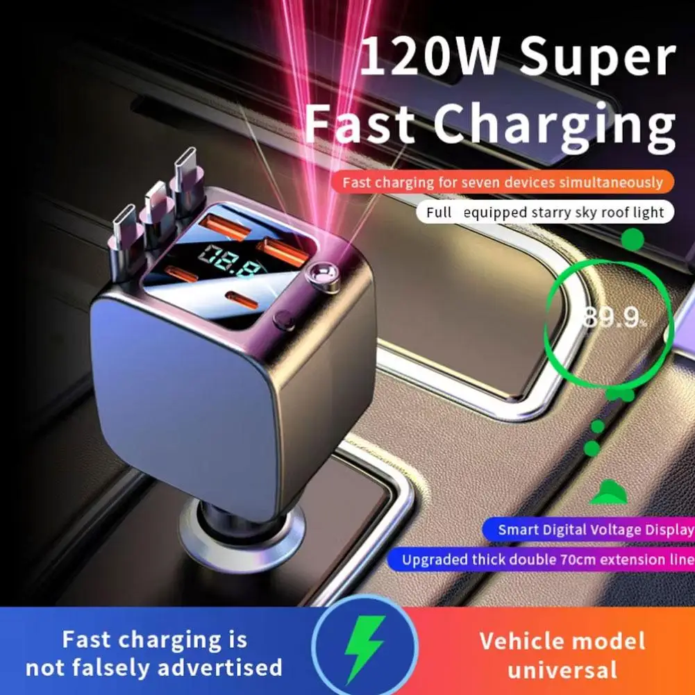 120W Super Fast Car Charger - Retractable Cable With Ambiance Light & Voltage Display For IPhone Auto Charging Accessory
