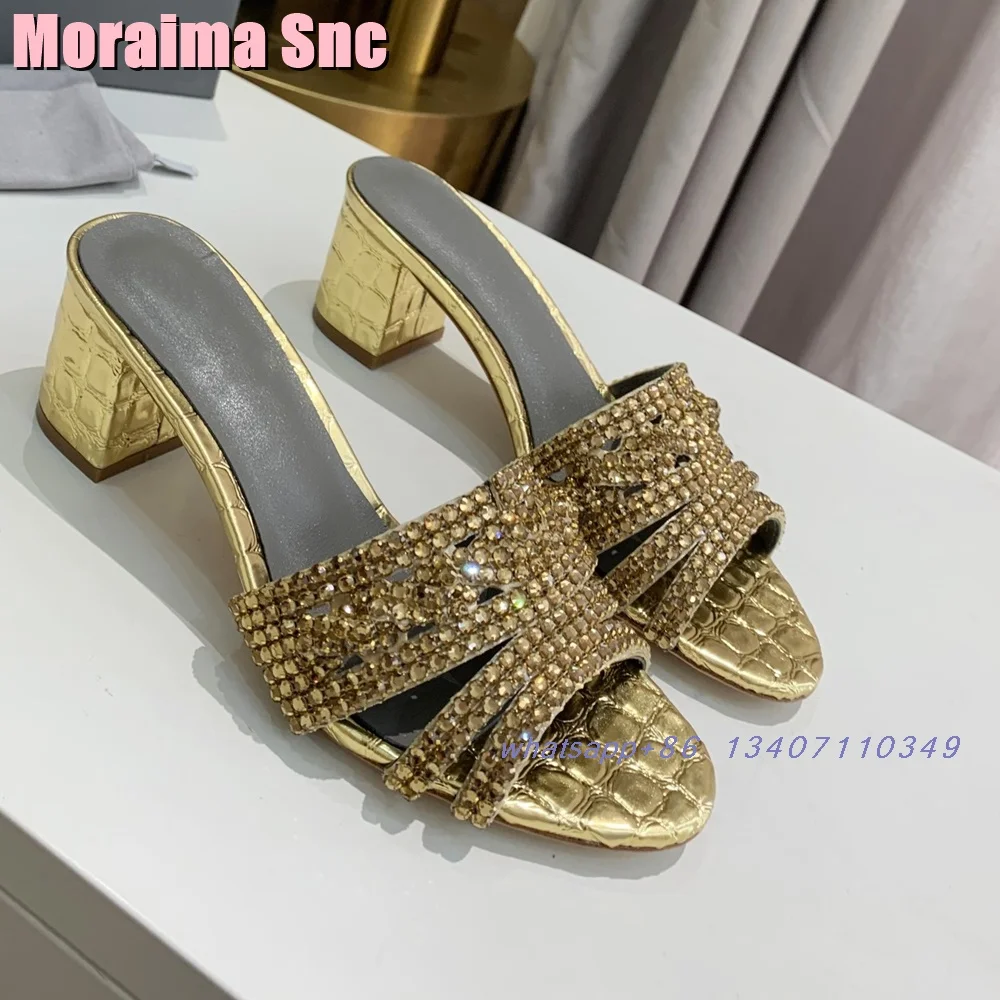 Luxury Crystal Bling Round Toe Slippers Crocodile Pattern Block Chunky Heel Slip On Fashion Women's Summer Slides Outdoor 2025