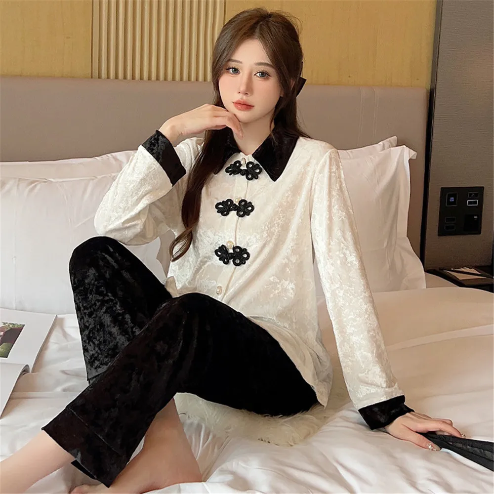 Autumn Winter Women 2PCS Pajamas Set Fashion Velvet Sleepwear Trouser Suits Loose Velour Home Clothes Lounge Wear