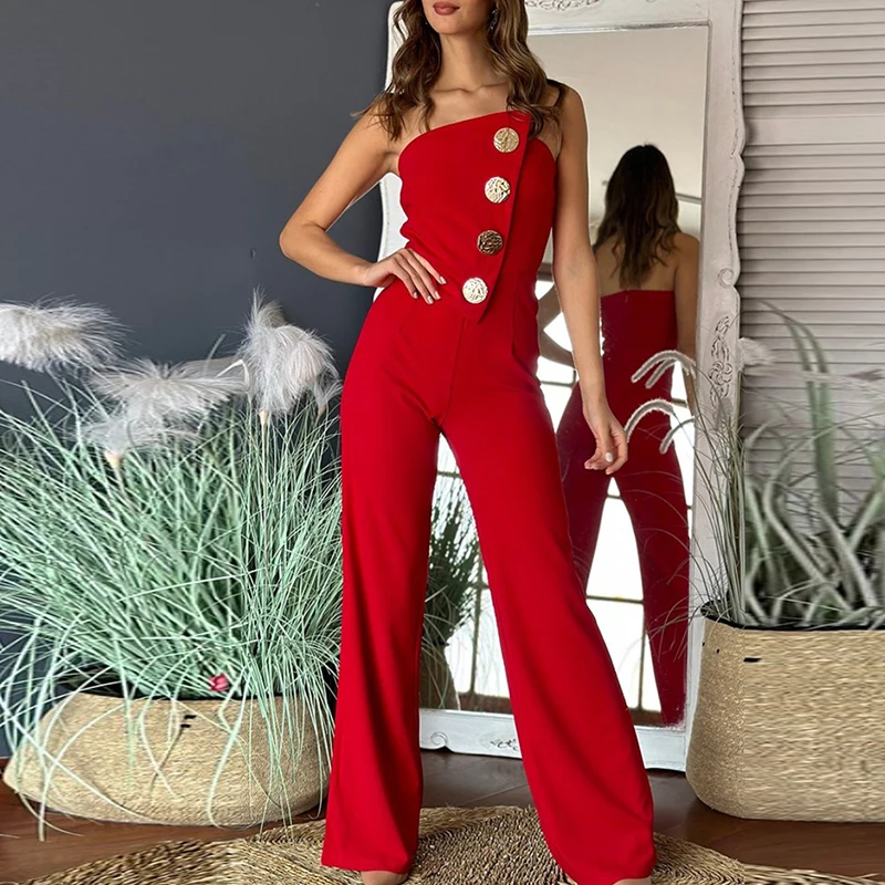 Fashion Sleeveless High Waist Party Jumpsuit Casual Multi-color Straight Pants Playsuit Ladies Sexy Strapless Button Slim Romper